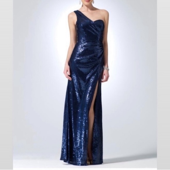 Cache Navy Blue Sequin Formal Gown Maxi Dress with Slit 4 - Picture 1 of 15